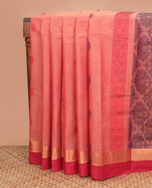 Pink buttas kanchi cotton saree, contrast zari and thread border, and ogee pallu
