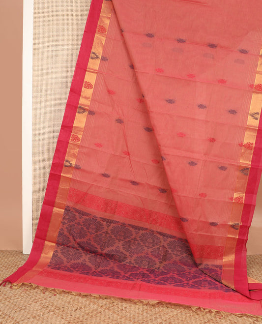 Pink buttas kanchi cotton saree, contrast zari and thread border, and ogee pallu