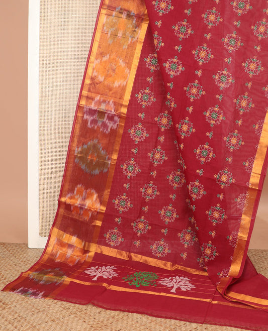 Maroon kolam motifs printed Andhra cotton saree, ikkat border, and tree printed pallu