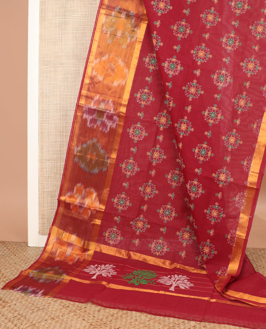 Maroon kolam motifs printed Andhra cotton saree, ikkat border, and tree printed pallu