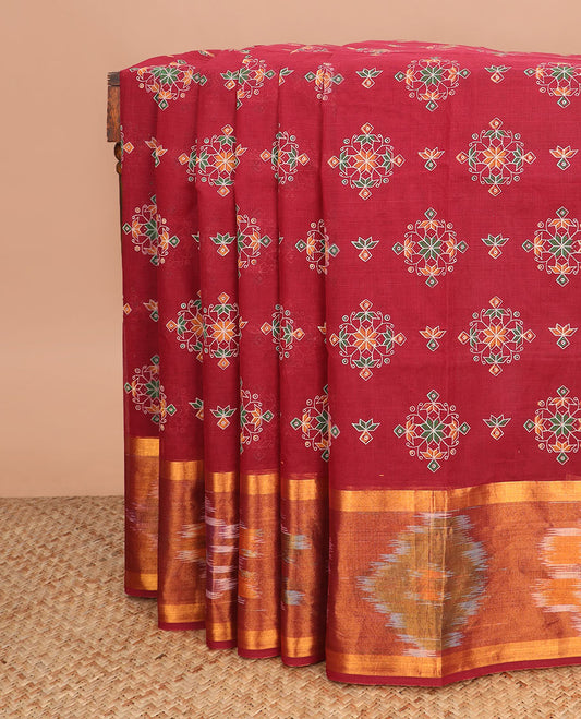 Maroon kolam motifs printed Andhra cotton saree, ikkat border, and tree printed pallu