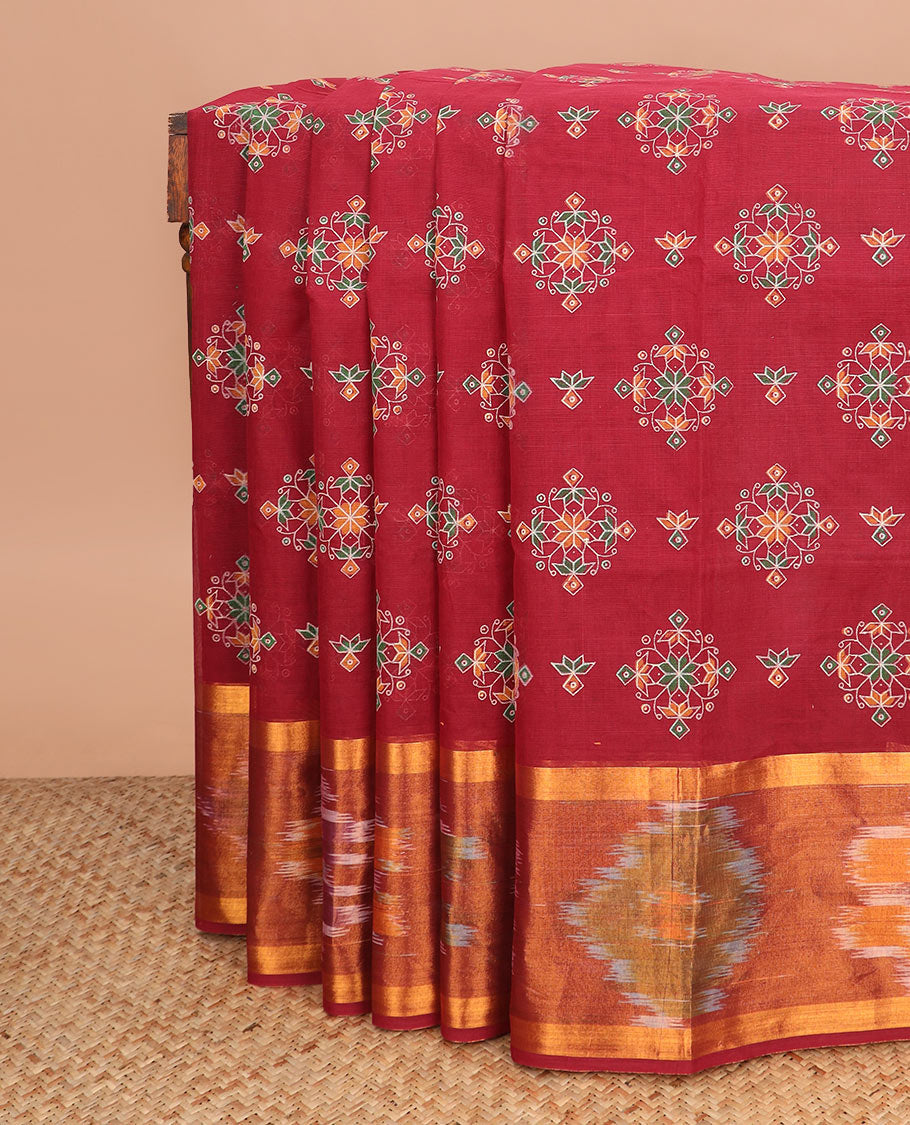 Maroon kolam motifs printed Andhra cotton saree, ikkat border, and tree printed pallu