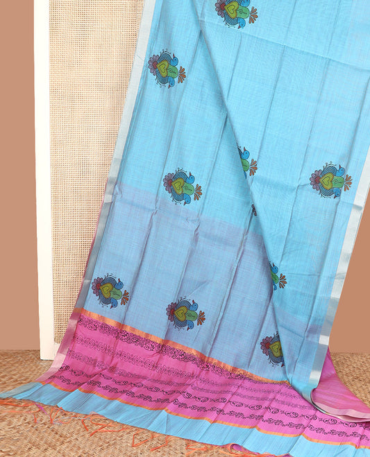 Blue bird motifs printed Chirala cotton saree, bavanji border, and contrast block printed pallu