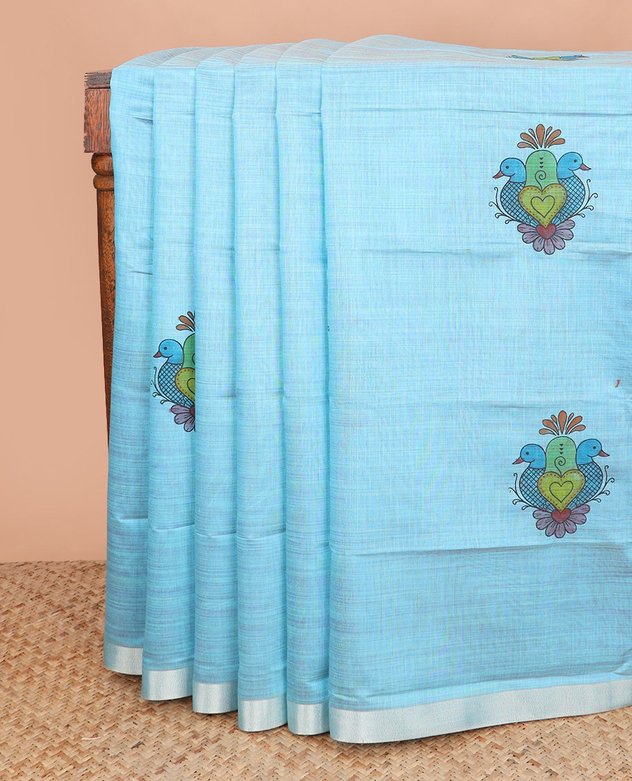 Blue bird motifs printed Chirala cotton saree, bavanji border, and contrast block printed pallu