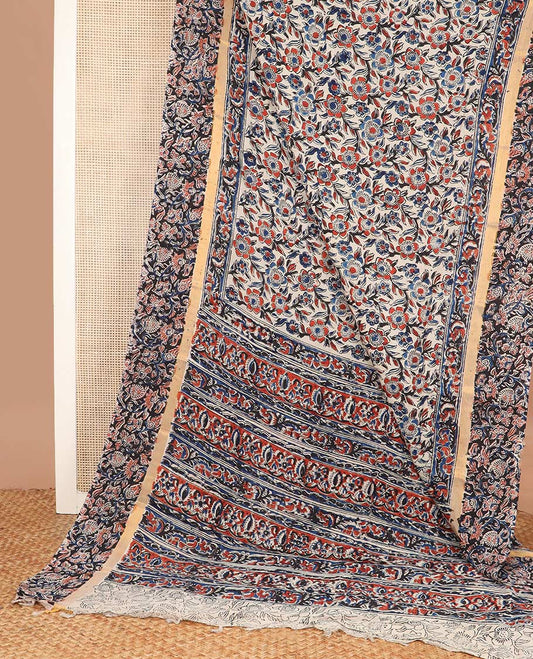 Multi-color floral machine printed kalamkari cotton saree, floral printed border, and floral printed pallu