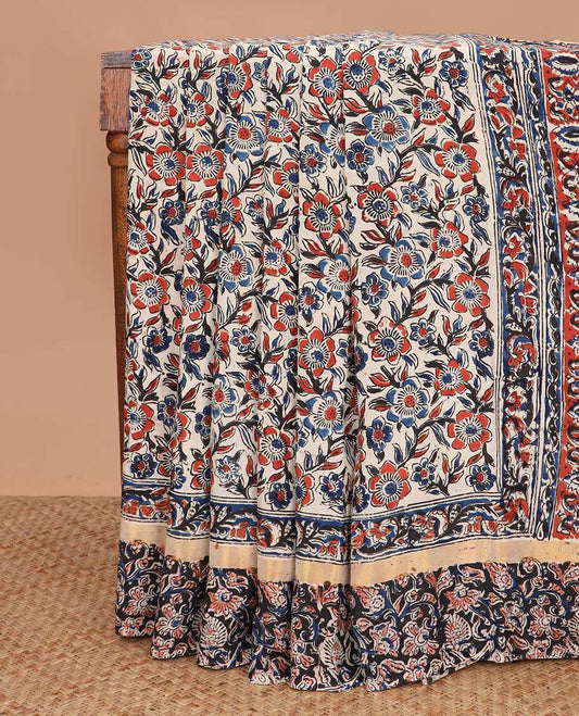 Multi-color floral machine printed kalamkari cotton saree, floral printed border, and floral printed pallu