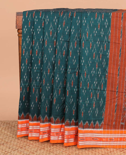 Green buttas ikkat cotton saree, contrast ikkat border, and pallu of floral ikkat designs