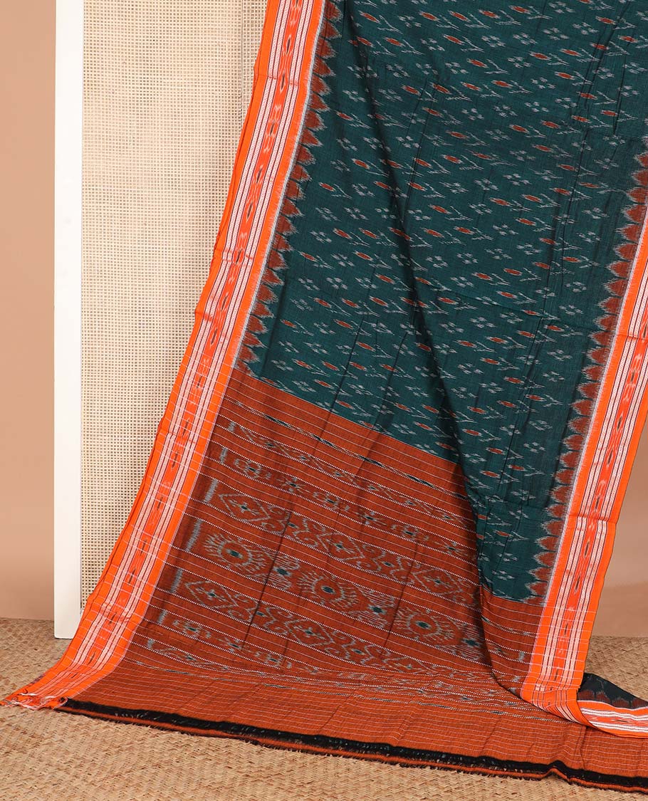 Green buttas ikkat cotton saree, contrast ikkat border, and pallu of floral ikkat designs