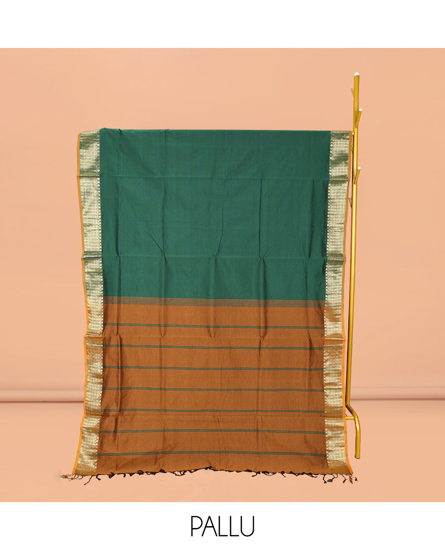 Green Plain Poly Cotton Saree, Complemented by Contrast Traditional Zari Design Border, Contrast Pallu of Stripes, and Paired with a Contrast Blouse