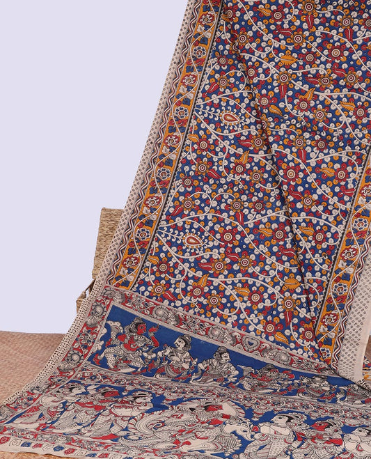 Blue floral vine design machine-printed kalamkari cotton saree with contrast floral design border & human inspried design pallu