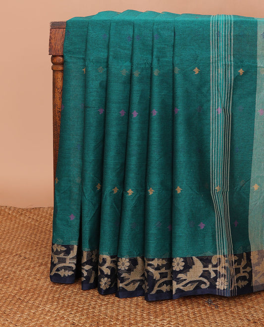 Green buttas Bengal cotton saree, contrast paithani-style floral border & pallu of stripes & buttas