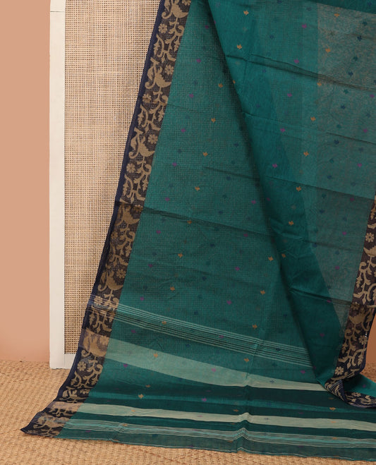 Green buttas Bengal cotton saree, contrast paithani-style floral border & pallu of stripes & buttas