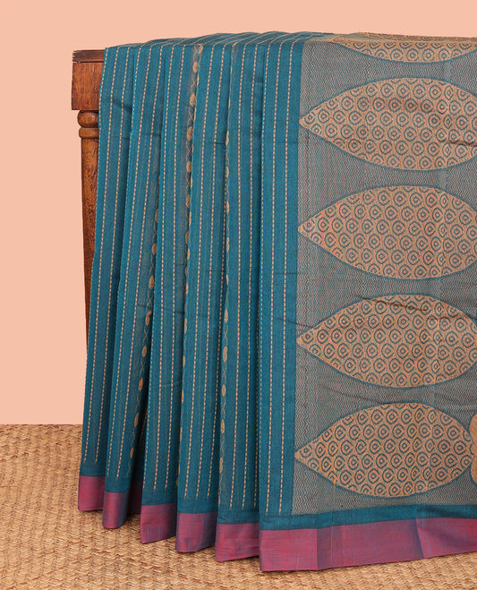 Blue Kanchi Cotton Saree, Mesmerized with Thread Stripes All Over Its Body, Complemented by Contrast Border, Pallu Featuring Intricate Designs, and Paired with a Matching Blouse
