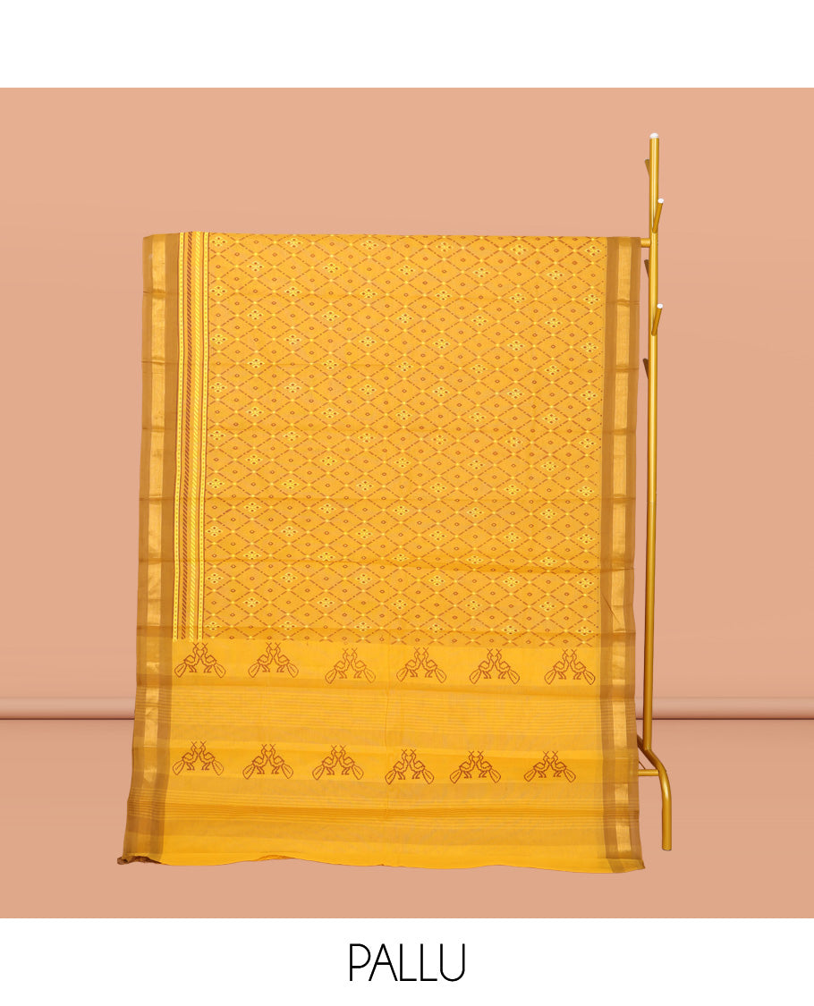Yellow Chirala Cotton Saree, Accentuated with an Argyle Design, a Contrast Zari Border, Contrast Peacock Pallu, and a Contrast Blouse
