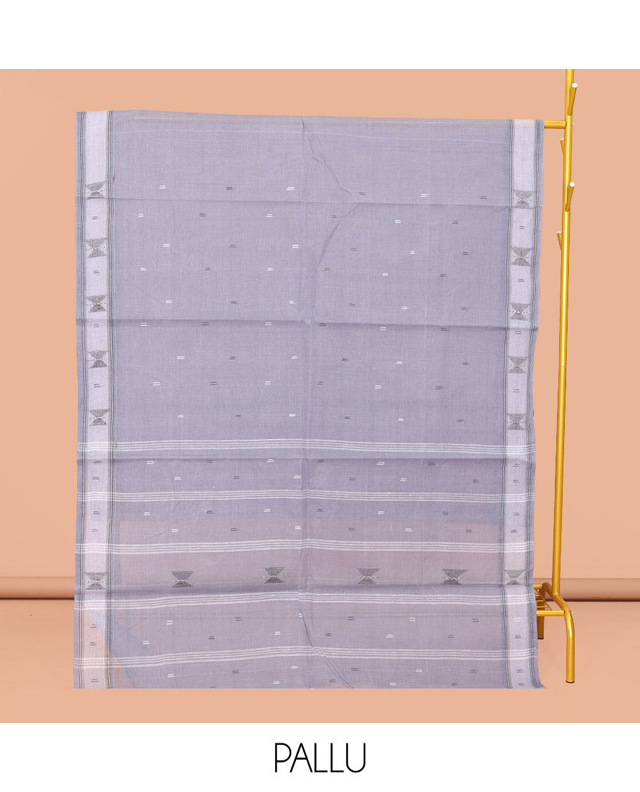 Grey Bengal Cotton Saree, Woven with Buttas, a Subtle Border, Pallu of Stripes, and a Matching Blouse