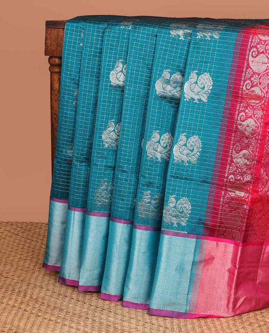 Blue checked & buttas kuppadam saree, plain border & contrast intricately designed pallu