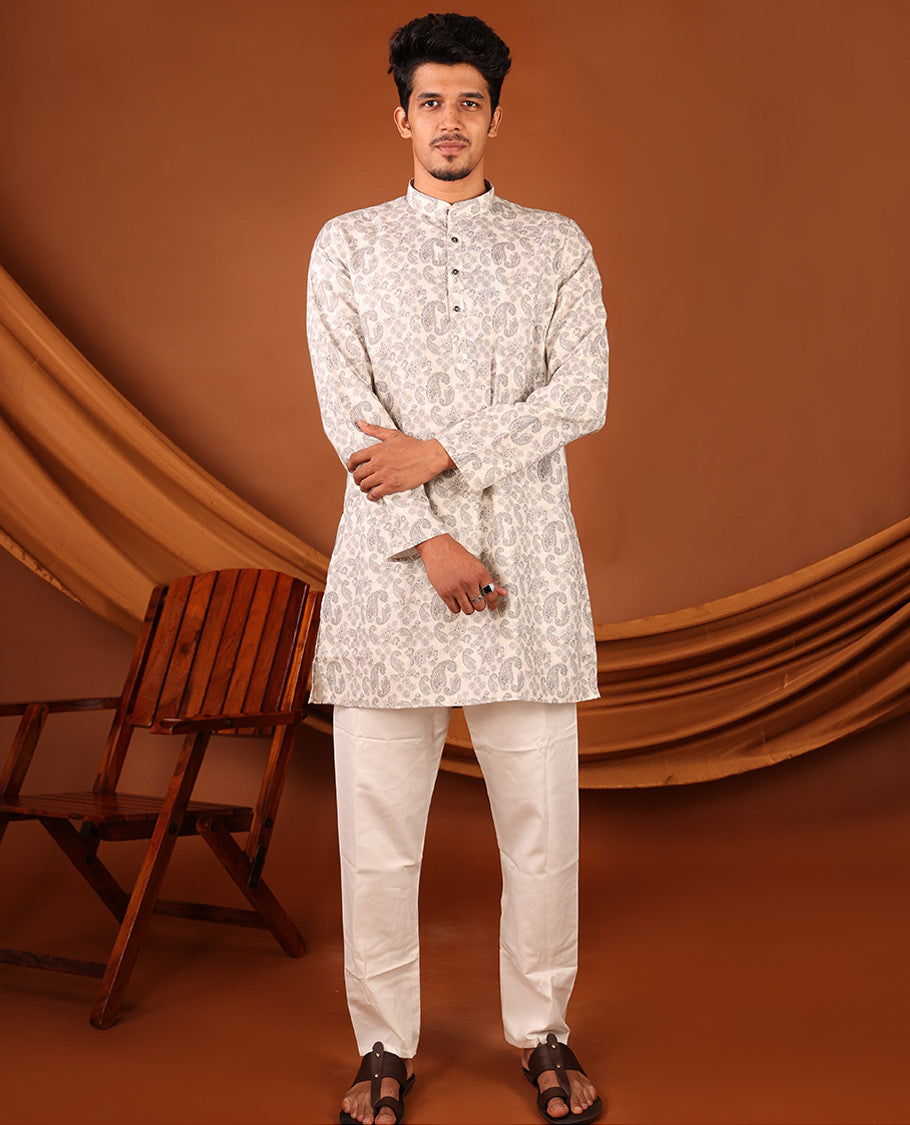 Off-White Paisley Motifs Printed Full-Sleeved Men's Kurta