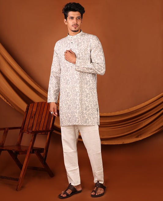 Off-White Paisley Motifs Printed Full-Sleeved Men's Kurta