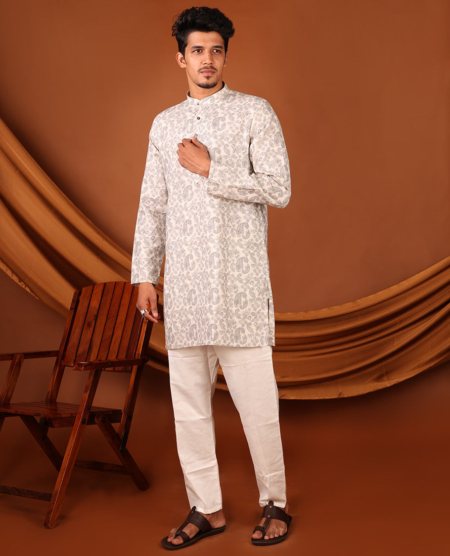 Off-White Paisley Motifs Printed Full-Sleeved Men's Kurta