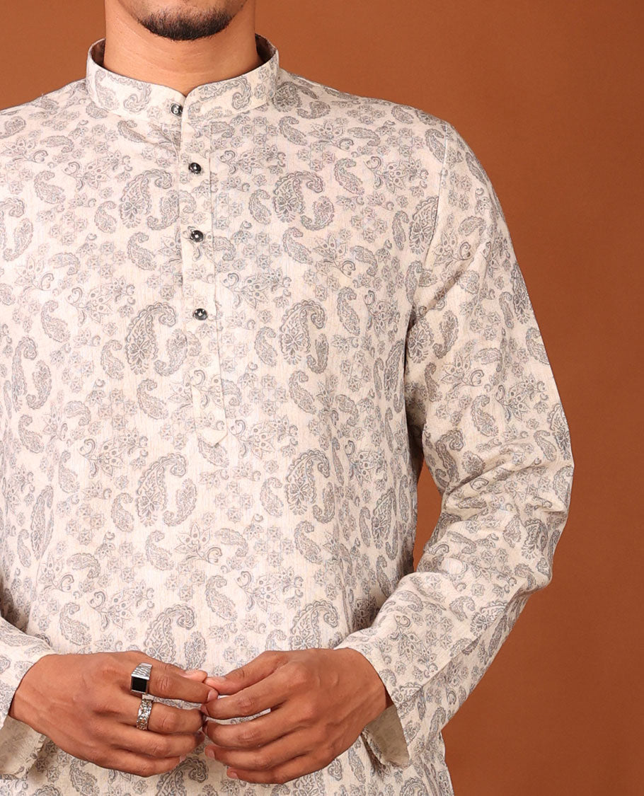 Off-White Paisley Motifs Printed Full-Sleeved Men's Kurta