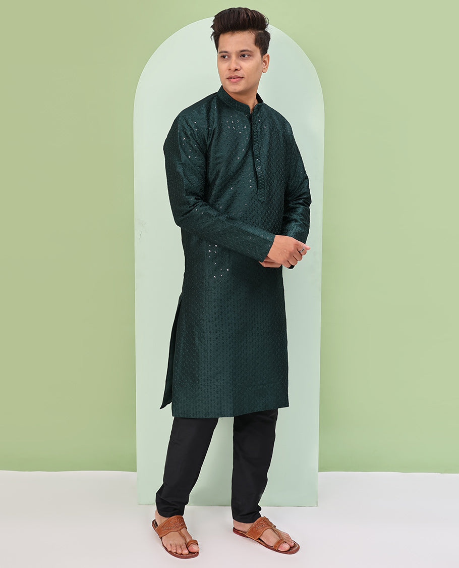 Deep forest green argyle design sequins embroidered full-sleeve kurta set