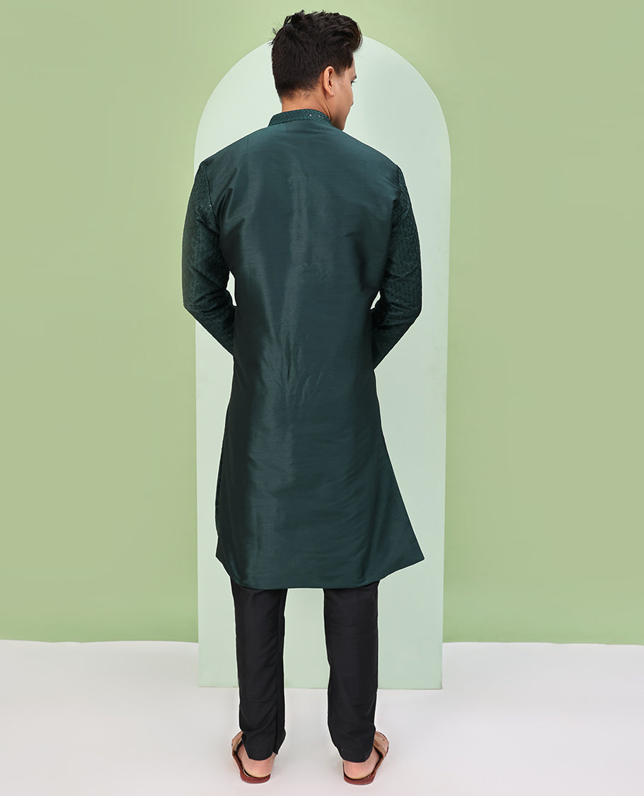 Deep forest green argyle design sequins embroidered full-sleeve kurta set