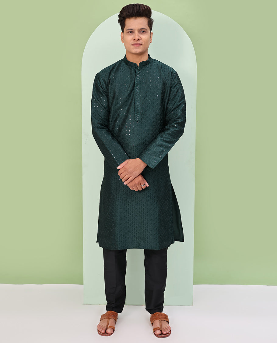 Deep forest green argyle design sequins embroidered full-sleeve kurta set