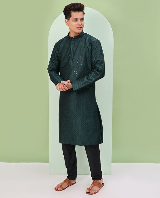 Deep forest green argyle design sequins embroidered full-sleeve kurta set