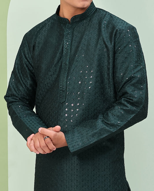 Deep forest green argyle design sequins embroidered full-sleeve kurta set