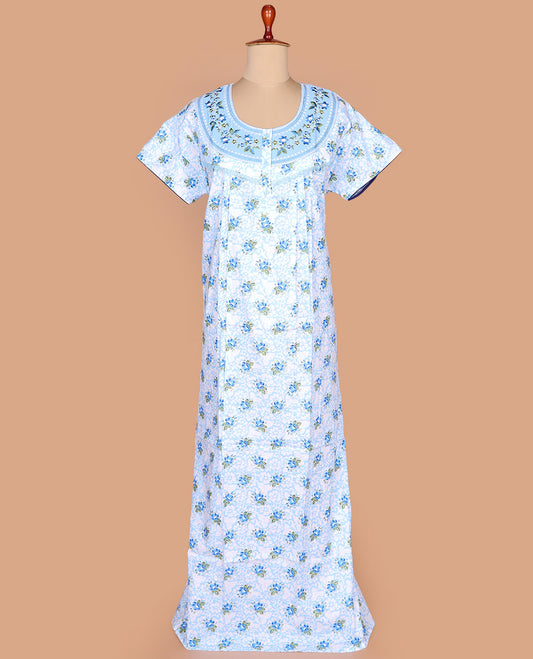 Blue floral printed with round neck embroidered half-sleeve cotton nighty