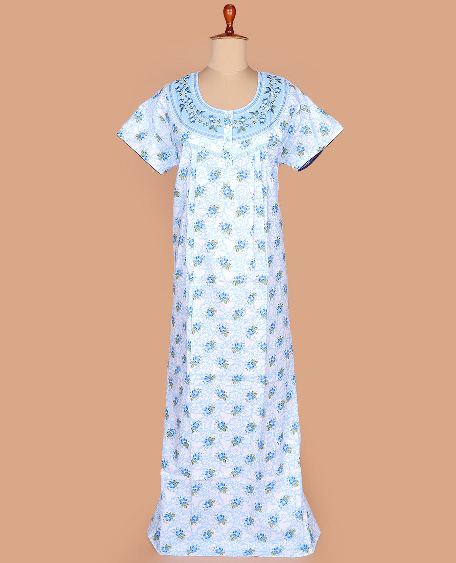 Blue floral printed with round neck embroidered half-sleeve cotton nighty