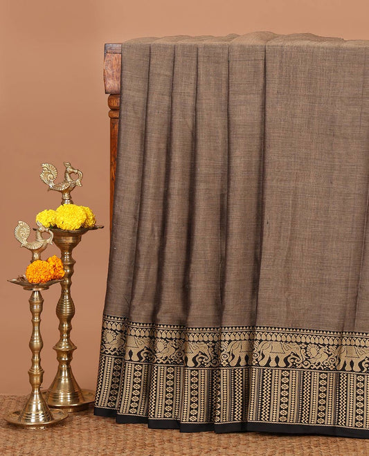 Grey plain masraise cotton saree, contrast border of elephant, peacock & geometric design & lining seer pallu