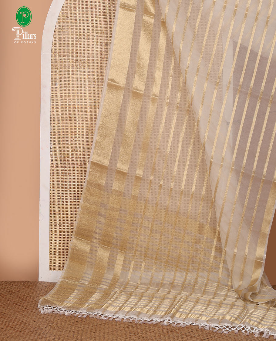 Half-white veldhari zari design semi-organza saree, gold zari floral creeper border, zari design pallu & blouse