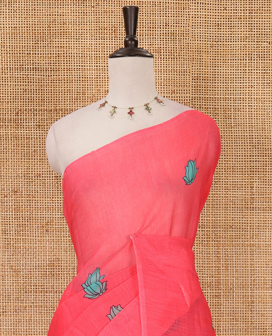 Borderless pink pichwai lotus printed linen saree, contrast kalamkari floral vine printed pallu & contrast kalamkari floral vine printed blouse