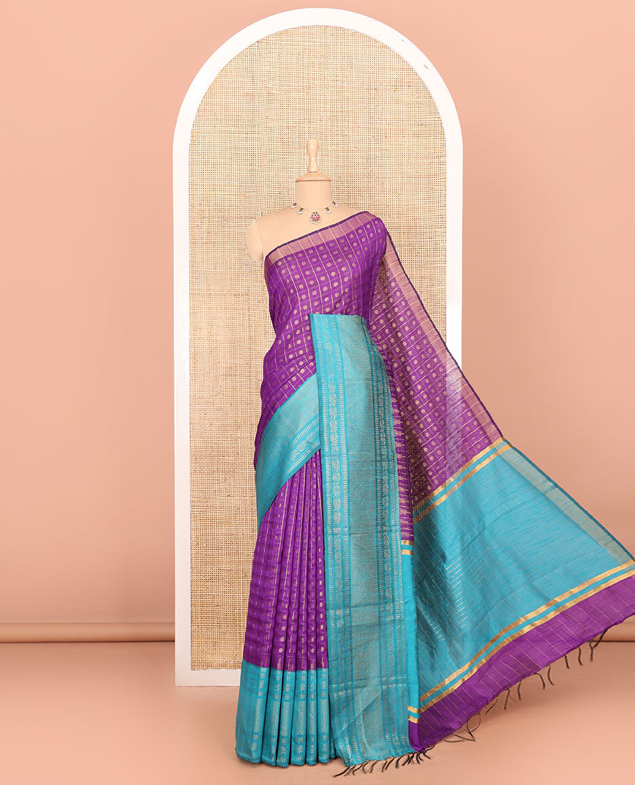 Violet polka dot butta enclosed checked semi-raw silk saree, contrast traditional zari design border, contrast diamond patterned pallu, and a contrast blouse