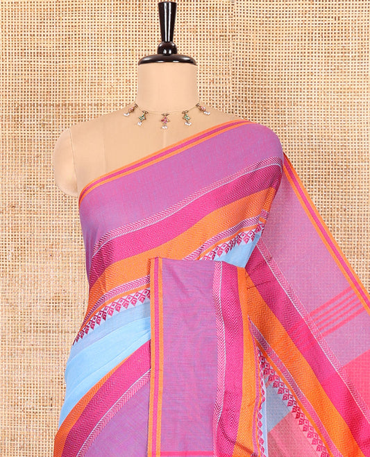 Blue Plain Khadi Mul Cotton Saree, Complemented by a Contrast Thread-Woven Border of Geometric Patterns, Contrast Plain Pallu, and Paired with a Matching Blouse