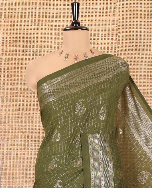 Olive Green Vichitra Silk Saree Features Checks and Paisley Buttas, Highlighted by a Traditional Zari Border and Contrast Embroidered Blouse