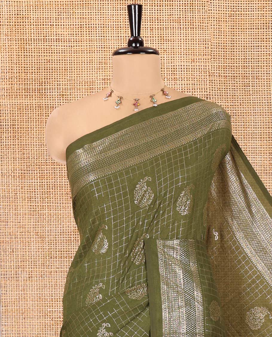 Olive Green Vichitra Silk Saree Features Checks and Paisley Buttas, Highlighted by a Traditional Zari Border and Contrast Embroidered Blouse