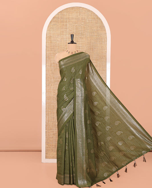Olive Green Vichitra Silk Saree Features Checks and Paisley Buttas, Highlighted by a Traditional Zari Border and Contrast Embroidered Blouse