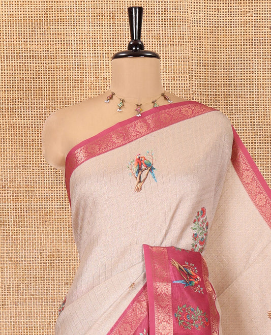 Chikku-Rani Moss-Chiffon Saree, Decorated with Checks and Floral-Macaw Print, Contrast Border, Printed Pallu, and Contrast Blouse