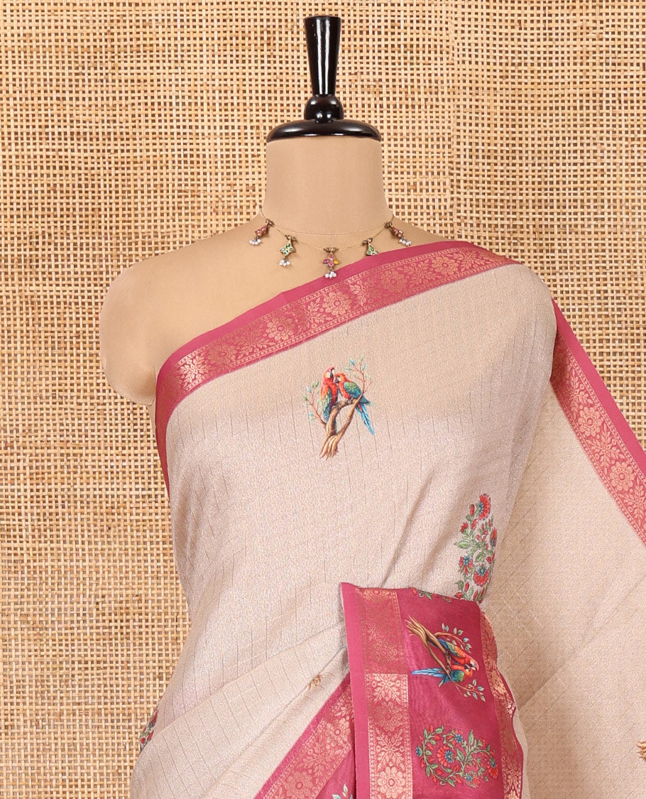 Chikku and Rani Moss-Chiffon Saree, Adorned with Checked Design and Floral-Macow Parrot Motifs Printed on Its Body, Complemented by Contrast Zari and Printed Border, Pallu of Floral and Parrot Designs, and Paired with a Contrast Blouse