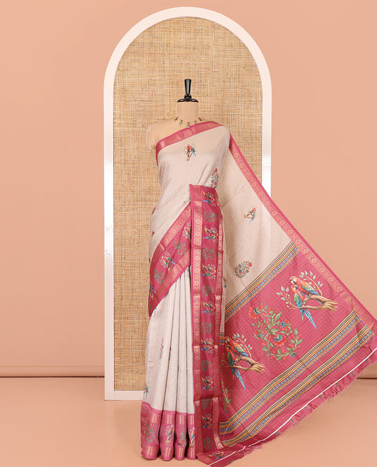 Chikku-Rani Moss-Chiffon Saree, Decorated with Checks and Floral-Macaw Print, Contrast Border, Printed Pallu, and Contrast Blouse