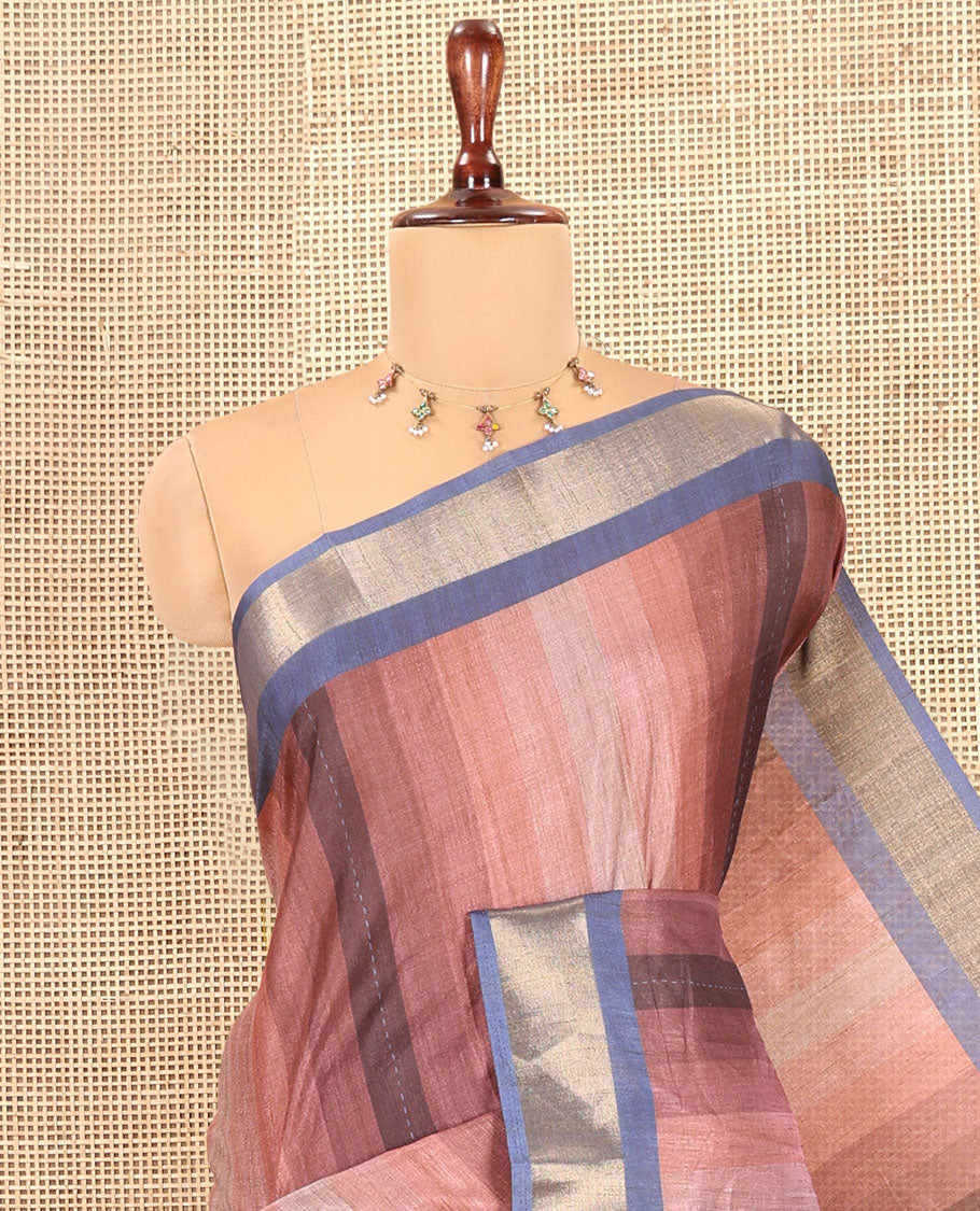 Rose Gold Lavender Striped Art Tussar Saree, a Contrast Zari Border, Floral Printed Pallu, and a Contrast Blouse