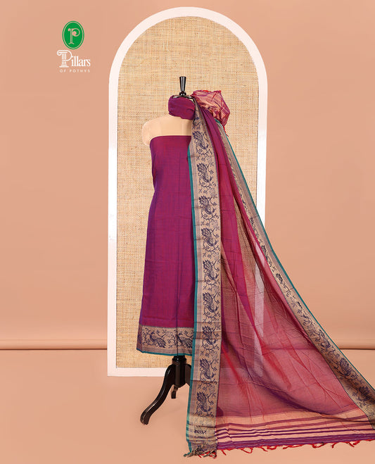 Magenta Mercerised Cotton Material Churidar Set, Subtly Made Plain with Contrast Floral-Peacock Bordered Top, a Mercerised Cotton Bottom, and Paired with a Mercerised Cotton Peacock-Bordered Dupatta