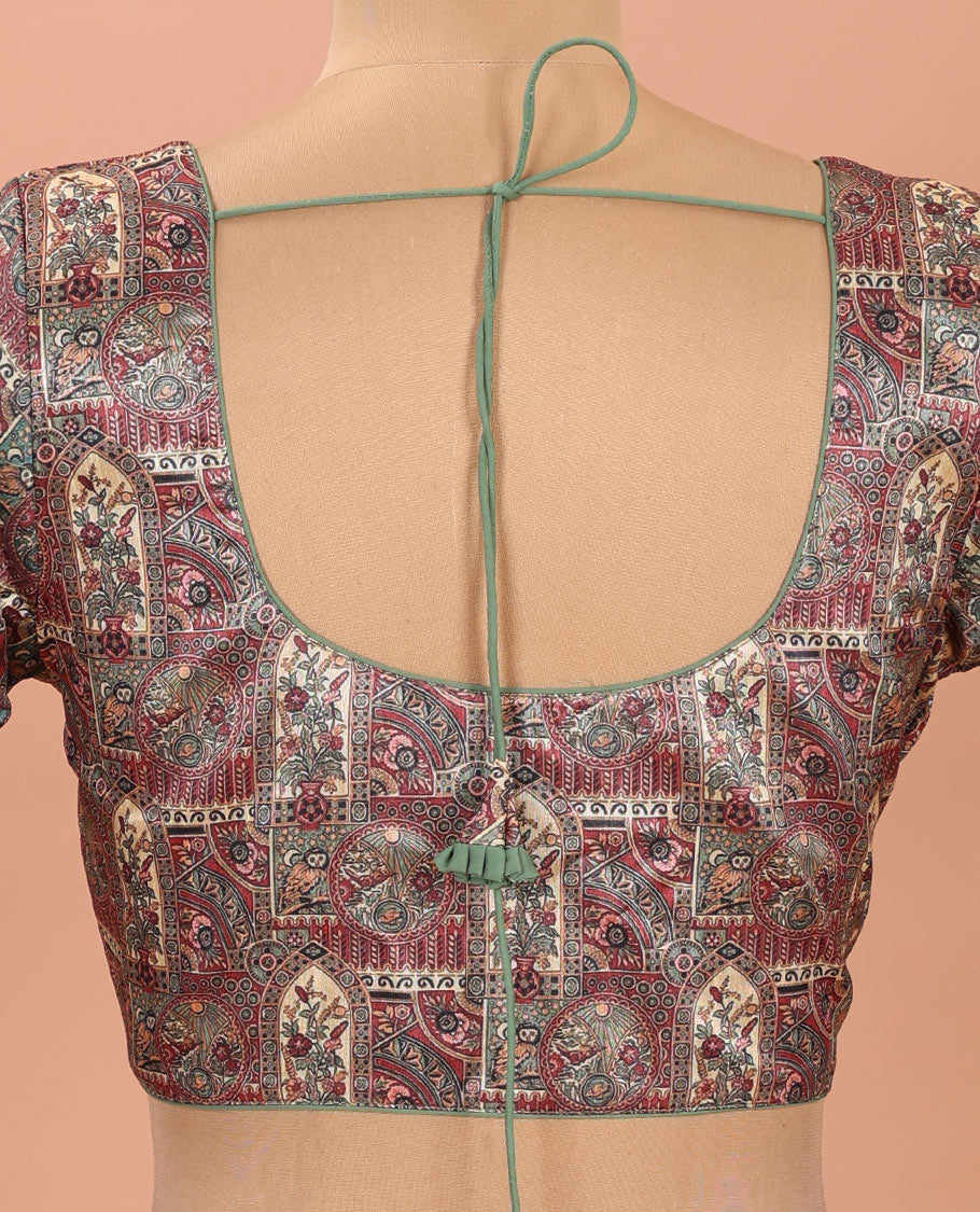 Green Readymade Blouse Artfully Detailed with Flora-Fauna and Mughal-Style Design Print, Featuring Front Round Neck, Back Round Neck, and Elbow Sleeves