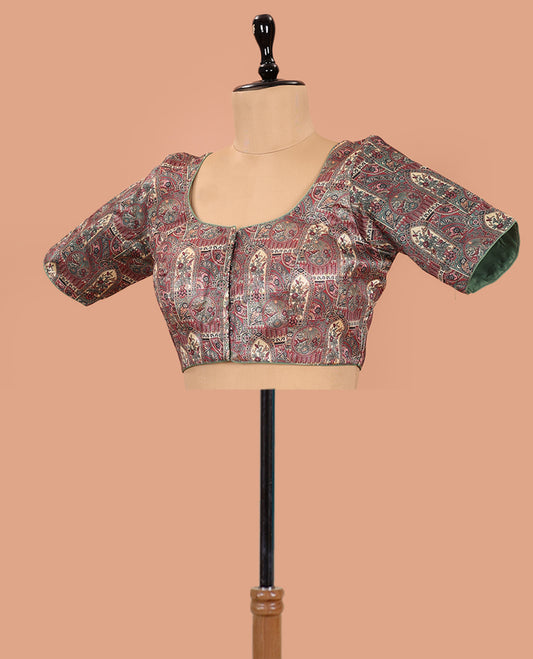 Green Readymade Blouse Artfully Detailed with Flora-Fauna and Mughal-Style Design Print, Featuring Front Round Neck, Back Round Neck, and Elbow Sleeves