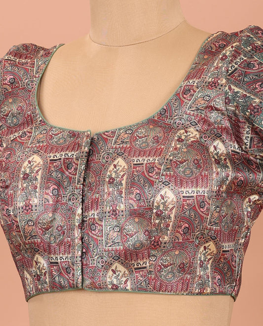 Green Readymade Blouse Artfully Detailed with Flora-Fauna and Mughal-Style Design Print, Featuring Front Round Neck, Back Round Neck, and Elbow Sleeves