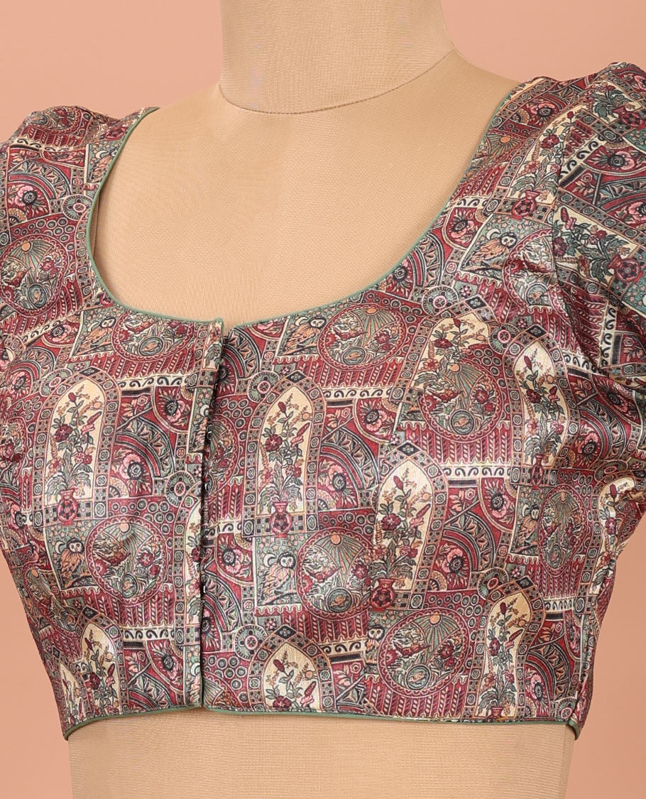 Green Readymade Blouse Artfully Detailed with Flora-Fauna and Mughal-Style Design Print, Featuring Front Round Neck, Back Round Neck, and Elbow Sleeves