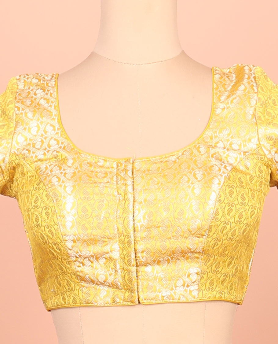 Yellow paisleys-theme jacquard front-back round neck elbow-sleeve readymade blouse