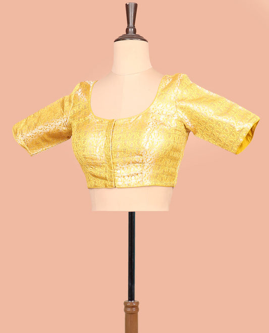 Yellow paisleys-theme jacquard front-back round neck elbow-sleeve readymade blouse
